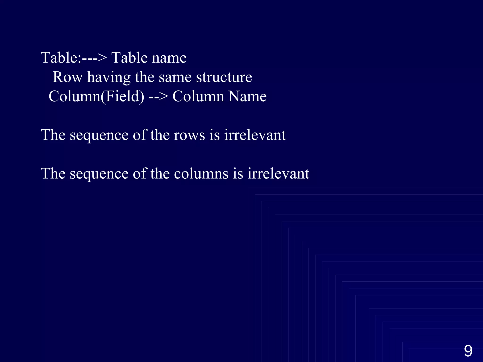 Table:---> Table name Row having the same structure Column(Field) --> Column Name The sequence of the rows is irrelevant The sequence of the columns is irrelevant 