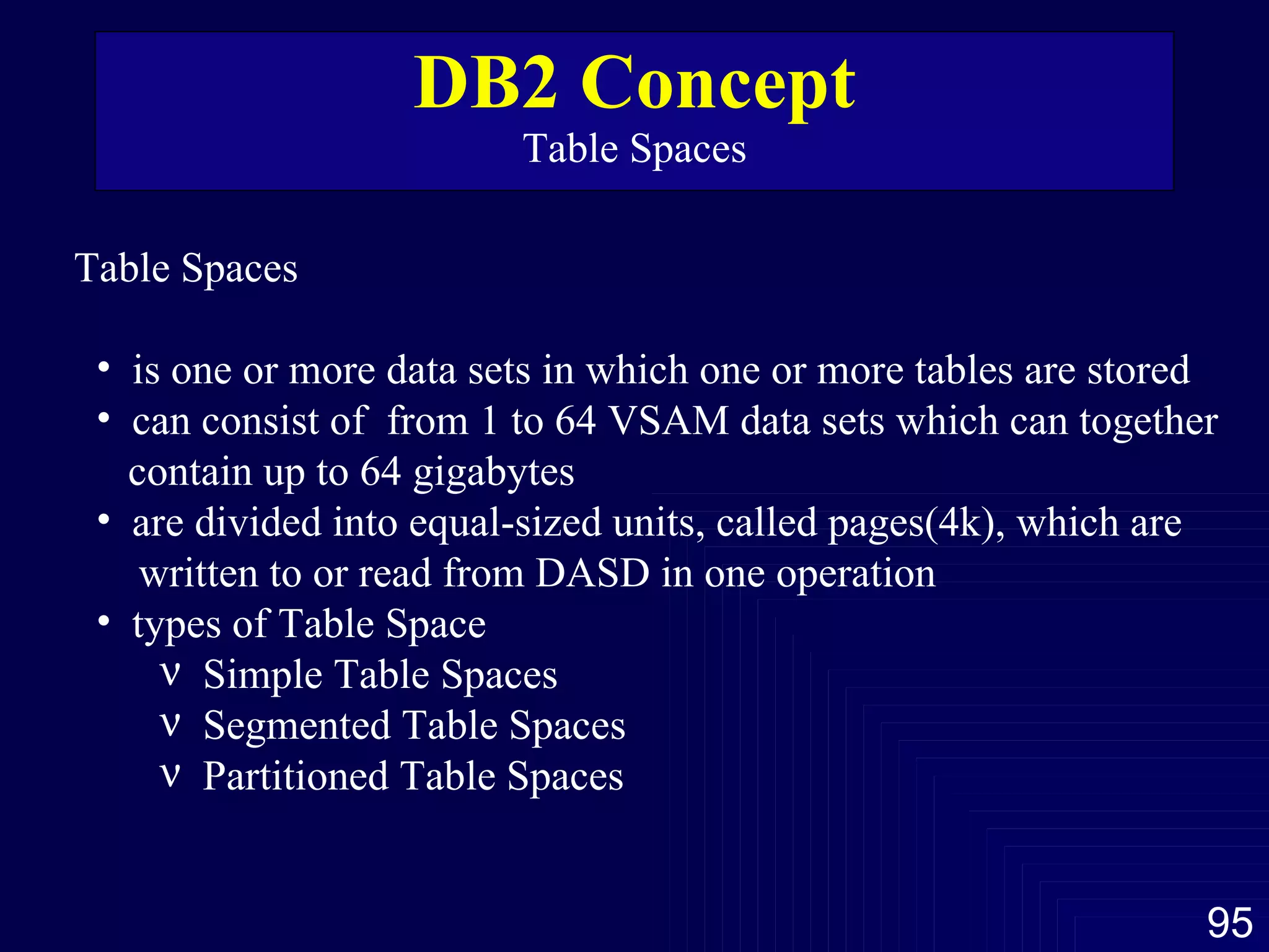 DB2 Concept Table Spaces Table Spaces is one or more data sets in which one or more tables are stored can consist of  from 1 to 64 VSAM data sets which can together contain up to 64 gigabytes are divided into equal-sized units, called pages(4k), which are written to or read from DASD in one operation types of Table Space Simple Table Spaces Segmented Table Spaces Partitioned Table Spaces  