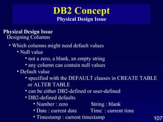 DB2 Concept Physical Design Issue Physical Design Issue Designing Columns Which columns might need default values Null value not a zero, a blank, an empty string any column can contain null values Default value specified with the DEFAULT clauses in CREATE TABLE or ALTER TABLE can be either DB2-defined or user-defined  DB2-defined defaults  Number : zero  String : blank  Date : current date  Time  : current time Timestamp : current timestamp  