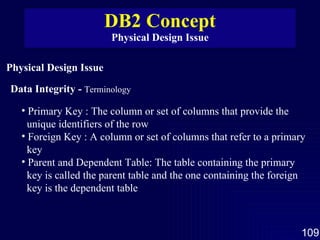 DB2 Concept Physical Design Issue Physical Design Issue Primary Key : The column or set of columns that provide the unique identifiers of the row Foreign Key : A column or set of columns that refer to a primary key  Parent and Dependent Table: The table containing the primary  key is called the parent table and the one containing the foreign  key is the dependent table Data Integrity -  Terminology 