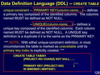 Data Definition Language (DDL) --  CREATE TABLE unique-constraint  --  PRIMARY KEY( column-name ,...)  -- defines a primary key composed of the identified columns.  The columns named MUST be defined as NOT NULL.    --  UNIQUE( column-name ,…)  -- defines a unique key composed of the identified columns.  Each column named MUST be defined as NOT NULL.  A UNIQUE key definition is a duplicate it it is the same as the PRIMARY KEY. ***  NOTE :  With either unique-constraint definition, in most circumstances the table is marked as  unavailable  until its  primary key index  is explicitly created. ***  CREATE TABLE TAB001 (PROJECT-NO CHAR(6) NOT NULL, …. …., PRIMARY KEY (PROJECT-NO) ) IN IBMDB001.IBMTS001; 