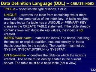 Data Definition Language (DDL) --  CREATE INDEX TYPE n  -- specifies the type of index, 1 or 2 UNIQUE  -- prevents the table from containing two or more rows with the same value of the index key.  A table requires a unique index if a table has a UNIQUE or PRIMARY KEY clause in the CREATE TABLE statement. If the table already contains rows with duplicate key values, the index is  not  created. INDEX  index-name  -- names the index. The name, including the implicit or explicit qualifier, must not identify an index  that is described in the catalog. The qualifier must not be SYSIBM, SYSCAT,SYSFUN, or SYSSTAT. ON  table-name  -- identifies the table on which the index is created.  The name must identify a table in the current server. The table must be a base table (not a view) 