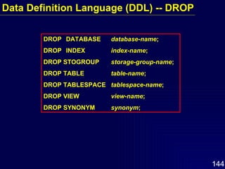 Data Definition Language (DDL) -- DROP DROP  DATABASE database-name ; DROP INDEX index-name ; DROP STOGROUP storage-group-name ; DROP TABLE table-name ; DROP TABLESPACE tablespace-name ; DROP VIEW view-name ; DROP SYNONYM synonym ; 