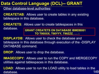 Other database-level authorities : CREATETAB :  Allows user to create tables in any existing tablespace in this database. CREATETS :  Allows user to create tablespaces in this database. DISPLAYDB :  Allows user to check the database and tablespace in this database through execution of the -DISPLAY DATABASE command. DROP :  Allows user to drop the database. IMAGECOPY :  Allows user to run the COPY and MERGECOPY utilities against tablespaces in this database. LOAD :  Allows user to run the LOAD utility to load tables in the database. GRANT CREATETS ON DATABASE IBMDB001 TO T90XXX, T90YYY, T90ZZZ, …. ; Data Control Language (DCL)-- GRANT 