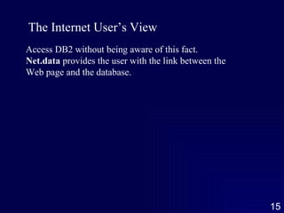 The Internet User’s View Access DB2 without being aware of this fact. Net.data  provides the user with the link between the Web page and the database. 