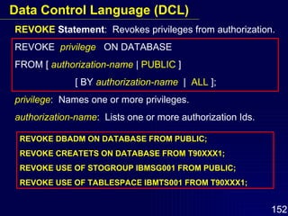 REVOKE  Statement :  Revokes privileges from authorization. REVOKE  privilege   ON DATABASE  FROM [  authorization-name  |  PUBLIC  ]    [ BY  authorization-name   |  ALL  ]; privilege :  Names one or more privileges. authorization-name :  Lists one or more authorization Ids. REVOKE DBADM ON DATABASE FROM PUBLIC; REVOKE CREATETS ON DATABASE FROM T90XXX1; REVOKE USE OF STOGROUP IBMSG001 FROM PUBLIC; REVOKE USE OF TABLESPACE IBMTS001 FROM T90XXX1;   Data Control Language (DCL) 