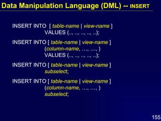 INSERT INTO  [  table-name  |  view-name  ]  VALUES (.., .., .., .., ..); INSERT INTO [  table-name  |  view-name  ]  ( column-name , …, …, ) VALUES (.., .., .., .., ..); INSERT INTO [  table-name  |  view-name  ] subselec t ; INSERT INTO [  table-name  |  view-name  ]  ( column-name , …, …, ) subselect ; Data Manipulation Language (DML) --  INSERT 