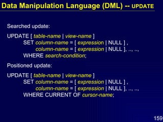 Searched update: UPDATE [  table-name  |  view-name  ] SET  column-name  = [  expressio n  | NULL ] ,    column-name  = [  expression  | NULL ], .., ..,  WHERE  search-condition ; Positioned update: UPDATE [  table-name  |  view-name  ] SET  column-name  = [  expression   | NULL ] ,    column-name  = [  expression  | NULL ], .., ..,  WHERE CURRENT OF  cursor-name ; Data Manipulation Language (DML) --  UPDATE 