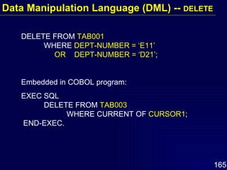DELETE FROM  TAB001 WHERE  DEPT-NUMBER = ‘E11’   OR  DEPT-NUMBER = ‘D21’ ; Embedded in COBOL program: EXEC SQL DELETE FROM  TAB003 WHERE CURRENT OF  CURSOR1 ;   END-EXEC. Data Manipulation Language (DML) --  DELETE 