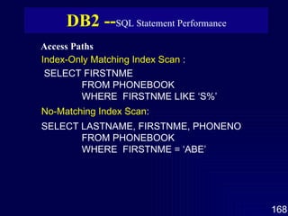 Access Paths   DB2 -- SQL Statement Performance Index-Only Matching Index Scan  : SELECT FIRSTNME FROM PHONEBOOK WHERE  FIRSTNME LIKE ‘S%’ No-Matching Index Scan : SELECT LASTNAME, FIRSTNME, PHONENO FROM PHONEBOOK WHERE  FIRSTNME = ‘ABE’ 