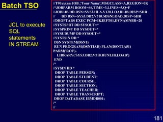 //T90xxxnn JOB ,'Your Name',MSGCLASS=A,REGION=0K /*JOBPARM ROOM=##,TIME=3,LINES=5,Q=F //JOBLIB DD DSN=SYS2.HLA.V120.LOADLIB,DISP=SHR //  DD DSN=SYS3.DB2.V510.SDSNLOAD,DISP=SHR //DROPTABS EXEC PGM=IKJEFT01,DYNAMNBR=20 //SYSTSPRT DD SYSOUT=* //SYSPRINT DD SYSOUT=* //SYSUDUMP DD SYSOUT=* //SYSTSIN DD * DSN SYSTEM(DSN1) RUN PROGRAM(DSNTIAD) PLAN(DSNTIA51) PARM('RC0')- LIBRARY('SYS3.DB2.V510.RUNLIB.LOAD') END /* //SYSIN DD * DROP TABLE PERSON; DROP TABLE STUDENT; DROP TABLE COURSE; DROP TABLE SECTION; DROP TABLE TEACHER; DROP TABLE TRANSCRIPT; DROP DATABASE IBMDB001; /* // Batch TSO JCL to execute SQL statements  IN STREAM  