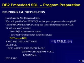 DB2 PROGRAM  PREPARATION Complilers Do Not Understand SQL Who will get rid of the EXEC SQL so that your program can be compiled? .The PRECOMPILER(PC) will replace the delimiter flags with CALLS Ii will also verify whether -Your SQL statements are correct -Your host variables match the db2 datatypes NOT access DB2   EXEC SQL DECLARE TABLE EXEC SQL DECLARE EDUCS99.EMP99 TABLE (EMPNO CHAR(6) NOT NULL, LASTNAME . . .) END EXEC. 声明 TABLE 结构 DB2 Embedded SQL -- Program Preparation 
