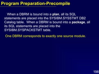 When a DBRM is bound into a  plan , all its SQL statements are placed into the SYSIBM.SYSSTMT DB2 Catalog table.  When a DBRM is bound into a  package , all its SQL statements are placed into the SYSIBM.SYSPACKSTMT table. One DBRM corresponds to exactly one source module. Program Preparation-Precompile 
