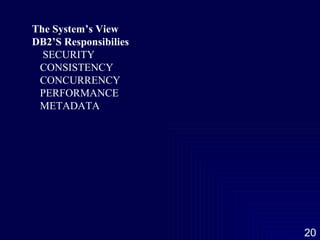 The System’s View DB2’S Responsibilies SECURITY CONSISTENCY CONCURRENCY PERFORMANCE METADATA 
