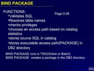 BIND PACKAGE runs in TSO(Online or Batch) BIND PACKAGE  creates a package in the DB2 directory FUNCTIONS: Validates SQL Resolves table names checks privileges chooses an access path based on catalog statistics stores source SQL in catalog stores executable access path(PACKAGE) in DB2 directory Page:3-38 BIND PACKAGE 