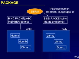 DBRM BIND PACKE(collx) MEMBER(dbrma) BIND PACKE(colly) MEMBER(dbrma) colly dbrma dbrmb Dbrm... Package name= collection_id.package_id PACKAGE collx dbrma dbrmb Dbrm... 