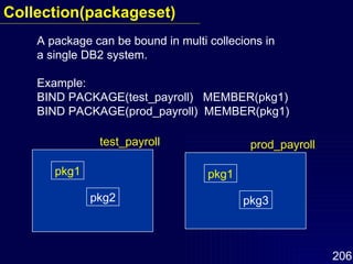 A package can be bound in multi collecions in  a single DB2 system. Example: BIND PACKAGE(test_payroll)  MEMBER(pkg1) BIND PACKAGE(prod_payroll)  MEMBER(pkg1) Collection(packageset) test_payroll pkg1 pkg2 prod_payroll pkg1 pkg3 
