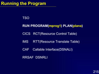 TSO  RUN PROGRAM( mprog1 )   PLAN( plana ) CICS  RCT(Resource Control Table) IMS  RTT(Resource Translate Table) CAF  Callable Interface(DSNALI) RRSAF  DSNRLI Running the Program 