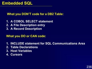 What you DON’T code for a DB2 Table: 1.  A COBOL SELECT statement 2.  A File Description entry 3.  A Record Description What you DO or CAN code: 1.  INCLUDE statement for SQL Communications Area 2.  Table Declarations 3.  Host Variables 4.  Cursors Embedded SQL 