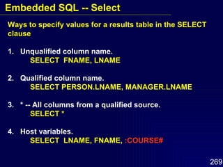 Ways to specify values for a results table in the SELECT clause 1.  Unqualified column name. SELECT  FNAME, LNAME 2.  Qualified column name.  SELECT PERSON.LNAME, MANAGER.LNAME 3.  * -- All columns from a qualified source. SELECT * 4.  Host variables.  SELECT  LNAME, FNAME,  :COURSE# Embedded SQL -- Select 