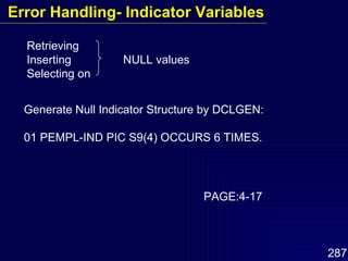 Retrieving Inserting  NULL values Selecting on Generate Null Indicator Structure by DCLGEN: 01 PEMPL-IND PIC S9(4) OCCURS 6 TIMES. PAGE:4-17 Error Handling- Indicator Variables 