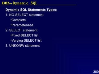 Dynamic SQL Statements Types: 1. NO-SELECT statement Complete Parameterized 2. SELECT statement Fixed SELECT list Varying SELECT list 3. UNKONW statement DB2--  Dynamic SQL 