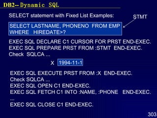 SELECT statement with Fixed List Examples: SELECT LASTNAME, PHONENO  FROM EMP  WHERE  HIREDATE>? STMT EXEC SQL DECLARE C1 CURSOR FOR PRST END-EXEC. EXEC SQL PREPARE PRST FROM :STMT  END-EXEC. Check  SQLCA ... 1994-11-1 X EXEC SQL EXECUTE PRST FROM :X  END-EXEC. Check SQLCA ... EXEC SQL OPEN C1 END-EXEC. EXEC SQL FETCH C1 INTO :NAME, :PHONE  END-EXEC. ... EXEC SQL CLOSE C1 END-EXEC. DB2--  Dynamic SQL 