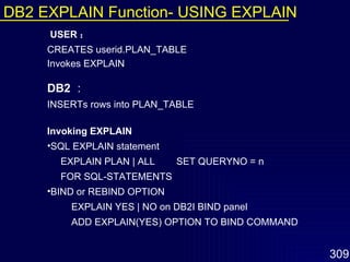   USER ： CREATES userid.PLAN_TABLE Invokes EXPLAIN DB2 ： INSERTs rows into PLAN_TABLE   Invoking EXPLAIN  SQL EXPLAIN statement   EXPLAIN PLAN | ALL  SET QUERYNO = n   FOR SQL-STATEMENTS BIND or REBIND OPTION  EXPLAIN YES | NO on DB2I BIND panel ADD EXPLAIN(YES) OPTION TO BIND COMMAND DB2 EXPLAIN Function-  USING EXPLAIN 