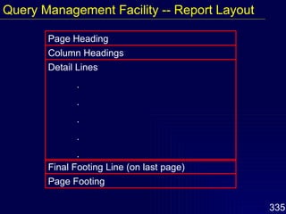 Query Management Facility -- Report Layout Page Heading Column Headings Detail Lines . . . . . Final Footing Line (on last page) Page Footing 