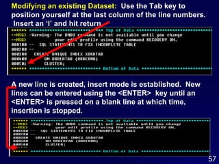 Modifying an existing Dataset:   Use the Tab key to position yourself at the last column of the line numbers.  Insert an ‘I’ and hit return.  A new line is created, insert mode is established.  New lines can be entered using the <ENTER>  key until an <ENTER> is pressed on a blank line at which time, insertion is stopped. 