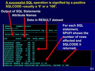 A successful SQL  operation is signified by a positive SQLCODE--usually a ‘0’ or a ‘100’.   Output of SQL Statements For each SQL statement,  SPUFI shows the number of rows affected and  SQLCODE it returned. Attribute Names Data in RESULT dataset 