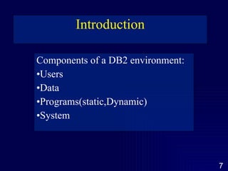 Introduction Components of a DB2 environment: Users Data Programs(static,Dynamic) System 