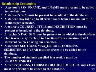 Relationship Constraints A person’s SSN, FNAME, and LNAME must present to be added  to the database. A student’s SSN must be present to be added to the database. A student may take up to 20 credit hours from a maximum of 15  sections per semester. A course’s COURSE# , TITLE and DESCRIPTION must be  present to be added to the database. A teacher’s FAC_SSN must be present to be added to the database. One teacher may teach up to 5 sections from a maximum of 3  different courses during one semester. A section’s SECTION#, MAX_ENROLL, COURSE#,  SEMESTER, and YEAR must be present to be added to the  database. The number of students enrolled in a section must be  <= MAX_ENROLL. A transcript’s SSN, COURSE#, GRADE, SEMESTER, and YEAR must be present to be added to the database. 