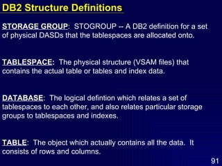 DB2 Structure Definitions STORAGE GROUP :  STOGROUP -- A DB2 definition for a set of physical DASDs that the tablespaces are allocated onto. TABLESPACE :  The physical structure (VSAM files) that contains the actual table or tables and index data. DATABASE :  The logical defintion which relates a set of tablespaces to each other, and also relates particular storage groups to tablespaces and indexes. TABLE :  The object which actually contains all the data.  It consists of rows and columns. 