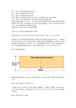 段 4 （绿色）被分配给数据库共享内存。
段 2 （橙色）被分配给代理私有内存。
段 3 （蓝色）被分配给实例共享内存。
段 B （紫色）被分配给应用程序组共享内存，因为数据库支持 intra_parallel。
段 A （粉红色）被分配给 FCM，因为 DB2_FORCE_FCM_BP=YES。
本地连接段被移到段 E（红色）。这是因为 DB2_MMAP_READ 和 DB2_MMAP_WRITE
都被设为 NO。否则，就必须将段 8 用于代理和本地连接通信，因为段 A 和段 B 都已经被
占用，而段 9 被预留给 fenced 模式的通信。
观察到的这些情况与 图 6 中说明的相匹配。

设置 32 位 AIX 系统上数据和堆栈的 ulimit

我们早先说过， 图 6 中的段 #2 是用于代理私有内存的。实际上，并非完全如此。

确切地说，段 #2 被预留给数据和堆栈。数据包含用户数据（即代理私有内存）。而堆栈则
包含要执行的指令。在这个 256M 的段中，数据是从地址 0x20000000 向下增长的。而堆栈
是从地址 0x2FFFFFFF 向上增长的。为了不让数据和堆栈有冲突，设置它们的限制就十分
重要。如果数据和堆栈真的有冲突，那么实例就会崩溃，并产生信号 4 或信号 11。

图 8 - 数据段和堆栈段




数据和堆栈的限制是在 ulimits（/etc/security/limits）中设置的。使用 SMIT 将它们设置成如
下值：

Data = 491519, Stack = 32767 (512 字节)


上述值以 512 字节为单位，其中对于数据是 240MB，对于堆栈是 16MB。当使用 "ulimit -
a" 显示这两个限制时，显示的值以 1K 字节为单位，而不是以 512 字节为单位。因此这两
个值变为：

Data = 245760, Stack = 16384
 