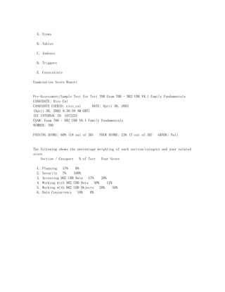 A. Views

  B. Tables

  C. Indexes

  D. Triggers

  E. Constraints

Examination Score Report


Pre-Assessment/Sample Test for Test 700 Exam 700 - DB2 UDB V8.1 Family Fundamentals
CANDIDATE: Rico Cai
CANDIDATE USERID: rico_cai      DATE: April 30, 2003
(April 30, 2003 9:30:59 AM GMT)
ICE INTERNAL ID: 1072225
EXAM: Exam 700 - DB2 UDB V8.1 Family Fundamentals
NUMBER: 700

PASSING SCORE: 60% (18 out of 30)        YOUR SCORE: 23% (7 out of 30)   GRADE: Fail


The following shows the percentage weighting of each section/category and your related
score.
    Section / Category   % of Test   Your Score

  1.   Planning   17%    0%
  2.   Security   7%    100%
  3.   Accessing DB2 UDB Data    17%      20%
  4.   Working with DB2 UDB Data     30%      11%
  5.   Working with DB2 UDB Objects      20%      50%
  6.   Data Concurrency   10%     0%
 