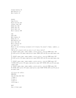 Claude Lemieux 19
Mark Messier 11
Mats Sundin 13




POINTS
Name Points
Wayne Gretzky 244
Jaromir Jagr 168
Bobby Orr 129
Bobby Hull 93
Brett Hull 121
Mario Lemieux 189

PIM
Name PIM
Mats Sundin 14
Bobby Orr 12
Mark Messier 32
Brett Hull 66
Mario Lemieux 23
Joe Sakic 94
Which of the following statements will display the player's Names, numbers, p
oints and
PIM for all players with an entry in all three tables?
a) SELECT names.name, names.number, points.points, pim.pim FROM names INN
ER JOIN points ON names.name=points.name INNER JOIN pim ON pim.name=names.nam
e
b) SELECT names.name, names.number, points.points, pim.pim FROM names OUT
ER JOIN points ON names.name=points.name OUTER JOIN pim ON pim.name=names.nam
e
c) SELECT names.name, names.number, points.points, pim.pim FROM names LEF
T OUTER JOIN points ON names.name=points.name LEFT OUTER JOIN pim ON pim.name
=names.name
d) SELECT names.name, names.number, points.points, pim.pim FROM names RIG
HT OUTER JOIN points ON names.name=points.name RIGHT OUTER JOIN pim ON pim.na
me=names.name

17) Given the tables:
EMPLOYEE
emp_num emp_name dept
1 Adams 1
2 Jones 1
3 Smith 2
4 Williams 1

DEPT
dept_id dept_name
 