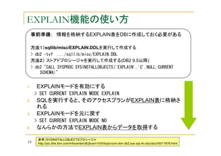 EXPLAIN機能の使い方
事前準備： 情報を格納するEXPLAIN表をDBに作成しておく必要がある
方法１）sqllib/misc/EXPLAIN.DDLを実行して作成する
方法１）
> db2 -tvf .../sqllib/misc/EXPLAIN.DDL
方法２） ストアドプロシージャを実行して作成する(DB2 9.5以降)
> db2 "CALL SYSPROC.SYSINSTALLOBJECTS('EXPLAIN','C',NULL,CURRENT
SCHEMA)"

1.

EXPLAINモードを有効にする
> SET CURRENT EXPLAIN MODE EXPLAIN

2.

3.

SQLを実行すると、そのアクセスプランがEXPLAIN表に格納さ
れる
EXPLAINモードを元に戻す
> SET CURRENT EXPLAIN MODE NO

4.

19

なんらかの方法でEXPLAIN表からデータを取得する
参考）SYSINSTALLOBJECTSプロシージャ
http://pic.dhe.ibm.com/infocenter/db2luw/v10r5/topic/com.ibm.db2.luw.sql.rtn.doc/doc/r0011876.html

 