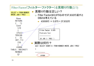 Filter Factor（フィルター・ファクター）と見積り行数(2/3)
見積り行数は正しい？
SELECT * FROM MEMBER
Filter Factorは0.875なので37,632行返すと
DB2は考えている

WHERE JOB<>'PRES'

43008行 × 0.875 = 37,632行

Filter Factor: 0.875
Predicate Text:
-------------(Q1.JOB <> 'PRES ')

実際は何行？
db2> SELECT COUNT(*) FROM MEMBER WHERE JOB<>'PRES'
1
----------41984
24

 