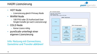 • HOT Node
– Lizenzierung gleich Primary Node
• WARM Node
– 100 PVU oder 25 Authorized User
Single Installs (je nach Lizenzierung)
• COLD Node
– Keine Lizenz nötig
• pureScale unterliegt einer
eigenen Lizenzierung
Info: Nutzung mit Connections,
Sametime und Traveler abklären!
HADR Lizenzierung
16
 