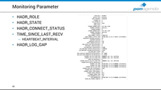 Monitoring Parameter
• HADR_ROLE
• HADR_STATE
• HADR_CONNECT_STATUS
• TIME_SINCE_LAST_RECV
– HEARTBEAT_INTERVAL
• HADR_LOG_GAP
45
 