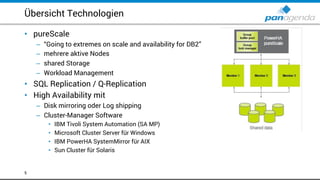 Übersicht Technologien
• pureScale
– “Going to extremes on scale and availability for DB2”
– mehrere aktive Nodes
– shared Storage
– Workload Management
• SQL Replication / Q-Replication
• High Availability mit
– Disk mirroring oder Log shipping
– Cluster-Manager Software
• IBM Tivoli System Automation (SA MP)
• Microsoft Cluster Server für Windows
• IBM PowerHA SystemMirror für AIX
• Sun Cluster für Solaris
5
 