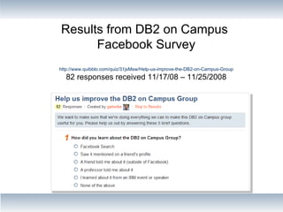 Results from DB2 on Campus  Facebook Survey http://www.quibblo.com/quiz/31jsMsw/Help-us-improve-the-DB2-on-Campus-Group 82 responses received 11/17/08 – 11/25/2008 