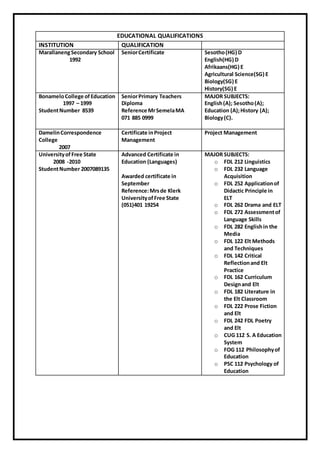 EDUCATIONAL QUALIFICATIONS
INSTITUTION QUALIFICATION
MarallanengSecondary School
1992
SeniorCertificate Sesotho(HG) D
English(HG) D
Afrikaans(HG) E
Agricultural Science(SG) E
Biology(SG) E
History(SG) E
BonameloCollege ofEducation
1997 – 1999
StudentNumber 8539
SeniorPrimary Teachers
Diploma
Reference MrSemelaMA
071 885 0999
MAJOR SUBJECTS:
English(A); Sesotho(A);
Education (A);History (A);
Biology(C).
DamelinCorrespondence
College
2007
Certificate inProject
Management
Project Management
UniversityofFree State
2008 -2010
StudentNumber 2007089135
Advanced Certificate in
Education (Languages)
Awarded certificate in
September
Reference:Mrsde Klerk
UniversityofFree State
(051)401 19254
MAJOR SUBJECTS:
o FDL 212 Linguistics
o FDL 232 Language
Acquisition
o FDL 252 Applicationof
Didactic Principle in
ELT
o FDL 262 Drama and ELT
o FDL 272 Assessmentof
Language Skills
o FDL 282 Englishin the
Media
o FDL 122 Elt Methods
and Techniques
o FDL 142 Critical
Reflectionand Elt
Practice
o FDL 162 Curriculum
Designand Elt
o FDL 182 Literature in
the Elt Classroom
o FDL 222 Prose Fiction
and Elt
o FDL 242 FDL Poetry
and Elt
o CUG 112 S. A Education
System
o FOG 112 Philosophyof
Education
o PSC 112 Psychology of
Education
 