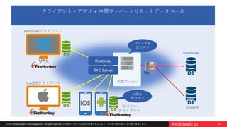 34© 2017 Embarcadero Technologies, Inc. All rights reserved. 本文書の一部または全部の転載を禁止します。本文書の著作権は、著作者に帰属します。 #embtwebi_jp
クライアント＋アプリ + 中間サーバー＋リモートデータベース
InterBase
中間サーバー
モバイル
クライアント
RDBMS
RAD Server
DataSnap
Windowsクライアント
macOSクライアント
ロジックを
受け持つ
UI側を
受け持つ
 