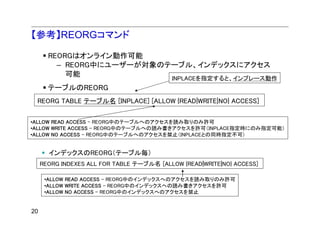 【参考】REORGコマンド

       REORGはオンライン動作可能
         – REORG中にユーザーが対象のテーブル、インデックスにアクセス
           可能
                                           INPLACEを指定すると、インプレース動作
       テーブルのREORG
 REORG TABLE テーブル名 [INPLACE] [ALLOW {READ|WRITE|NO} ACCESS]


•ALLOW READ ACCESS - REORG中のテーブルへのアクセスを読み取りのみ許可
•ALLOW WRITE ACCESS - REORG中のテーブルへの読み書きアクセスを許可（INPLACE指定時にのみ指定可能）
•ALLOW NO ACCESS - REORG中のテーブルへのアクセスを禁止（INPLACEとの同時指定不可）


       インデックスのREORG（テーブル毎）
     REORG INDEXES ALL FOR TABLE テーブル名 [ALLOW {READ|WRITE|NO} ACCESS]

      •ALLOW READ ACCESS - REORG中のインデックスへのアクセスを読み取りのみ許可
      •ALLOW WRITE ACCESS - REORG中のインデックスへの読み書きアクセスを許可
      •ALLOW NO ACCESS - REORG中のインデックスへのアクセスを禁止


20
 