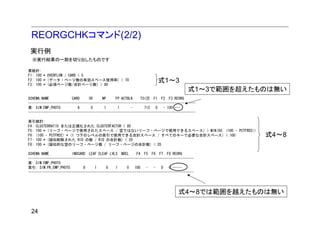 REORGCHKコマンド(2/2)
 実行例
  ※実行結果の一部を切り出したものです

表統計:
F1: 100 * OVERFLOW / CARD < 5
F2: 100 * (データ・ページ数の有効スペース使用率) > 70
F3: 100 * (必須ページ数/合計ページ数) > 80
                                                                    式1～3
                                                                                    式1～3で範囲を超えたものは無い
SCHEMA.NAME            CARD     OV     NP     FP ACTBLK    TSIZE F1 F2 F3 REORG
----------------------------------------------------------------------------------------
表: SIM.EMP_PHOTO          8      0      1      1      -      712 0 - 100 ---
----------------------------------------------------------------------------------------

索引統計:
F4: CLUSTERRATIO または正規化された CLUSTERFACTOR > 80
F5: 100 * (リーフ・ページで使用されたスペース / 空ではないリーフ・ページで使用できるスペース) > MIN(50, (100 - PCTFREE))
F6: (100 - PCTFREE) * (1 つ下のレベルの索引で使用できる合計スペース / すべてのキーで必要な合計スペース) < 100                        式4～8
F7: 100 * (疑似削除された RID の数 / RID の合計数) < 20
F8: 100 * (疑似的な空のリーフ・ページ数 / リーフ・ページの合計数) < 20

SCHEMA.NAME            INDCARD LEAF ELEAF LVLS NDEL      F4 F5 F6 F7 F8 REORG
---------------------------------------------------------------------------------------
表: SIM.EMP_PHOTO
索引: SIM.PK_EMP_PHOTO         8     1     0    1     0   100   - - 0       0 -----
---------------------------------------------------------------------------------------




                                                                              式4～8では範囲を越えたものは無い

 24
 