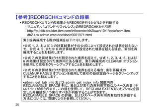 【参考】REORGCHKコマンドの結果
     REORGCHKコマンドの結果からREORGを行うかどうかを判断する
      – マニュアル「コマンド・リファレンス」のREORGCHKから引用
      – http://publib.boulder.ibm.com/infocenter/db2luw/v10r1/topic/com.ibm.
        db2.luw.admin.cmd.doc/doc/r0001971.html
     索引を再編成する際の提案を以下に示します。
     •公式 1、2、および 3 の計算結果がその公式によって設定された境界を超えない
     で、 公式 4、5、または 6 の計算結果が設定された境界を超える場合、 索引を再
     編成することをお勧めします。
     •公式 7 の計算結果だけが設定された境界を超えて、公式 1、2、3、4、5、および
     6 の結果は設定された境界内にある場合、 索引再編成の CLEANUP オプション
     を使用して索引をクリーンアップすることをお勧めします。
     •公式 8 の計算結果だけが設定された境界を超える場合、索引再編成の
     CLEANUP PAGES オプションを使用して索引の疑似空白ページをクリーンアップ
     することをお勧めします。
     •admin_get_tab_info および admin_get_index_info 関数内の
     RECLAIMABLE_SPACE 列に、表および索引の再利用可能なスペースの量 (キ
     ロバイト) が示されます。この値を使用して、 RECLAIM EXTENTS オプションを指
     定した再編成をいつ実行すべきか判断することができます。
     RECLAIMABLE_SPACE の詳細、 およびスペース再利用の有効性を評価する
     方法については、関連リンクを参照してください。
25
 