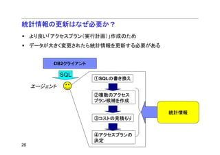 統計情報の更新はなぜ必要か？
     より良い「アクセスプラン（実行計画）」作成のため
     データが大きく変更されたら統計情報を更新する必要がある


          DB2クライアント

              SQL
                      ①SQLの書き換え
     エージェント
                      ②複数のアクセス
                      プラン候補を作成

                                   統計情報
                      ③コストの見積もり


                      ④アクセスプランの
                      決定
26
 