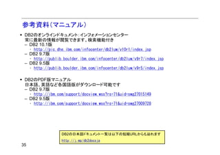 参考資料（マニュアル）
 DB2のオンラインドキュメント：インフォメーションセンター
 常に最新の情報が閲覧できます。検索機能付き
 – DB2 10.1版
     • http://pic.dhe.ibm.com/infocenter/db2luw/v10r1/index.jsp
 – DB2 9.7版
     • http://publib.boulder.ibm.com/infocenter/db2luw/v9r7/index.jsp
 – DB2 9.5版
     • http://publib.boulder.ibm.com/infocenter/db2luw/v9r5/index.jsp

 DB2のPDF版マニュアル
 日本語、英語など各国語版がダウンロード可能です
 – DB2 9.7版
     • http://ibm.com/support/docview.wss?rs=71&uid=swg27015149
 – DB2 9.5版
     • http://ibm.com/support/docview.wss?rs=71&uid=swg27009728




                    DB2の日本語ドキュメント一覧は以下の短縮URLからも辿れます
                    http://j.mp/db2docsja
35
 